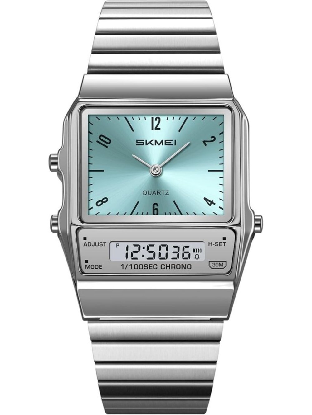 Unisex Silver Blue Digital Analog Retro Square Stainless Steel Stopwatch Watches